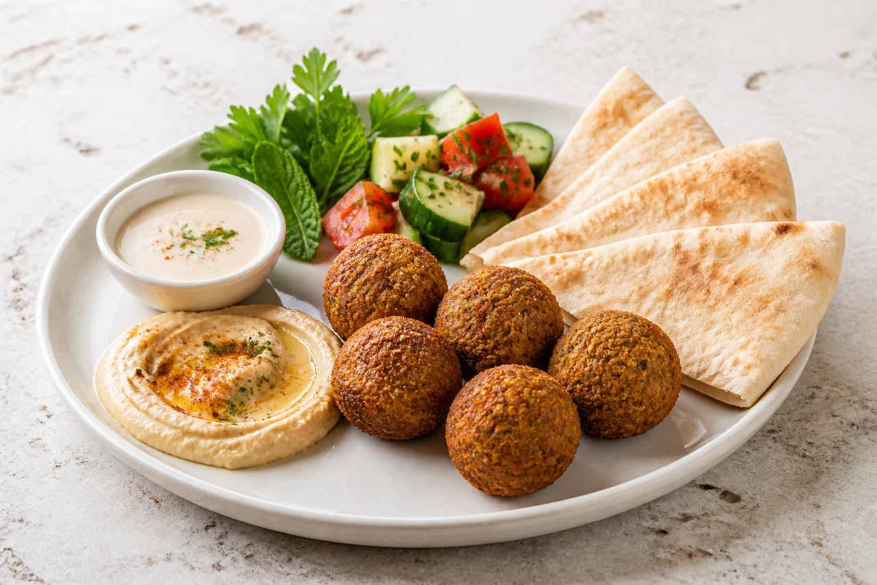 Фалафель с питой, хумусом, овощами и зеленью